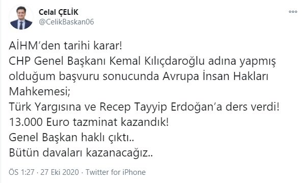 Cumhurbaşkanı Erdoğan Kılıçdaroğlu’na yaklaşık 13 bin Euro tazminat ödeyecek