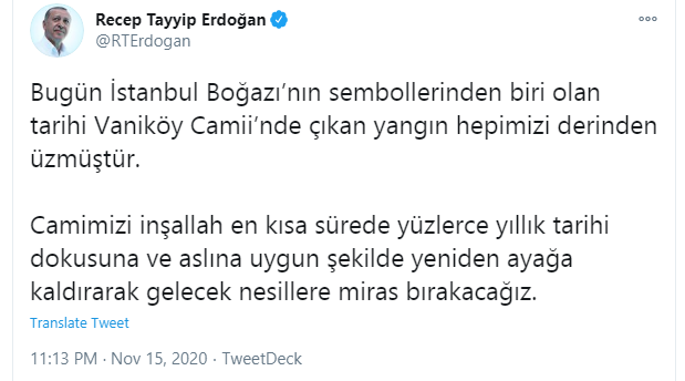 Cumhurbaşkanı Recep Tayyip Erdoğan Vaniköy Camii’nde çıkan yangın ile ilgili açıklama yaptı