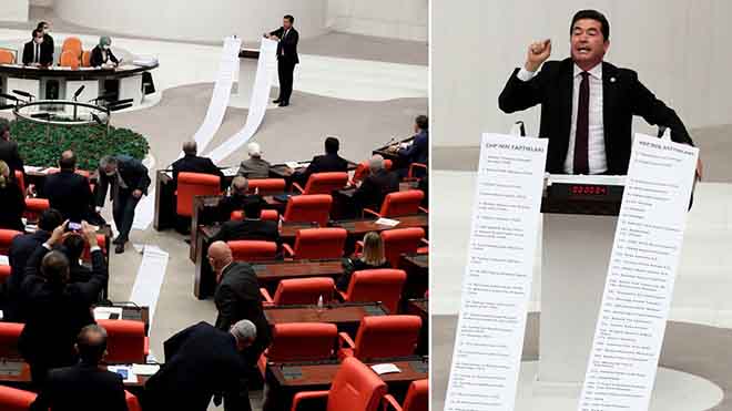 CHP’li Ahmet Kaya Ak partinin Sattıklarını listesini Meclise serdi 13 Metre!