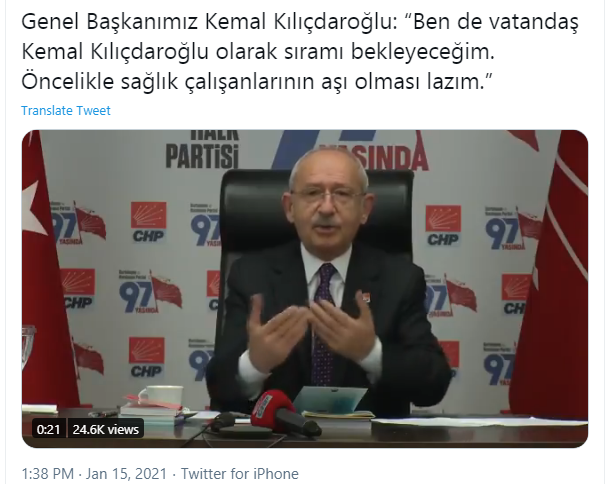 Kılıçdaroğlu: Öncelikle sağlık çalışanlarının aşı olması lazım