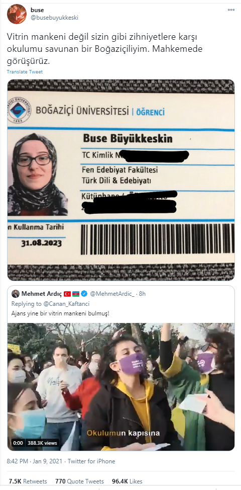 Ak partili yazar ve gazeteci Mehmet Ardıç Boğaziçili başörtülü öğrenciye hakaret etti! Öğrenci Buse Büyükkeskin ise olayla ilgili Ak partili yazarı mahkemeye vereceğini ve hesabını soracağını dile getirdi!