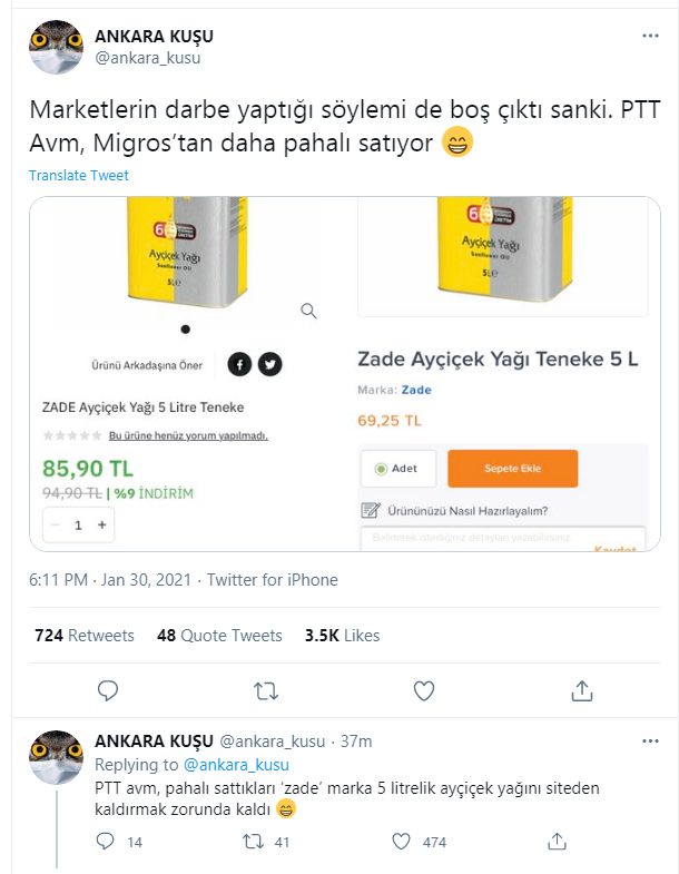 PTT Avm, Migros’tan daha pahalı satıyor Ankara Kuşu Yakaladı!