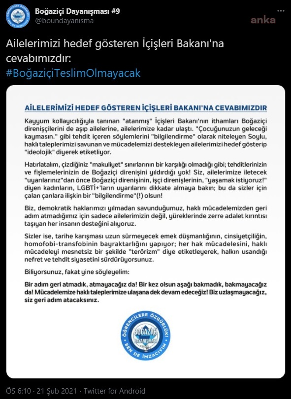 Boğaziçili öğrencilerden Süleyman Soylu'ya ''ideolojik aile'' yanıtı: geri adım atacaksınız!
