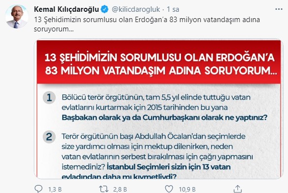 Kemal Kılıçdaroğlu: Gara’da 13 şehidin sorumlusu Recep Tayyip Erdoğan!