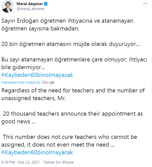 Akşener’den Erdoğan’a öğretmen ataması tepkisi Bu sayı atanamayan öğretmenlere çare olmuyor