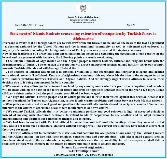 Taliban'dan Türkiye'ye karşı 8 maddelik bildiri asker göndermeyin!