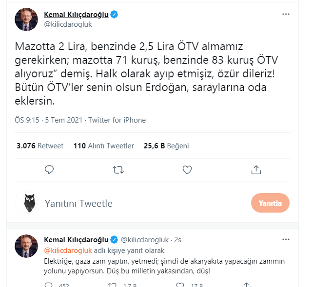 Kılıçdaroğlu'ndan Erdoğan'a 'ÖTV' yanıtı: Bütün ÖTV’ler senin olsun Erdoğan, saraylarına oda eklersin!