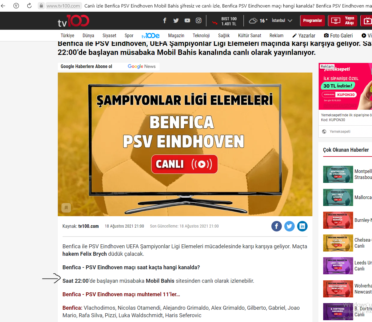 TV 100 sitesi illegal Mobil bahis sitesi reklamı yaptı