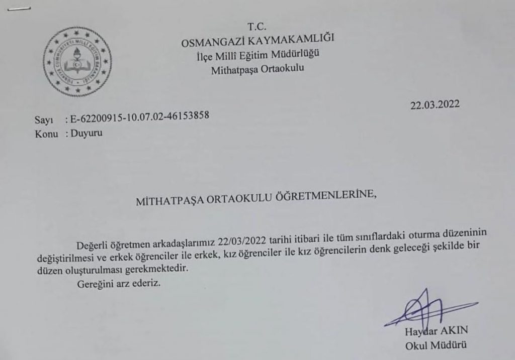 Osmangazi Mithatpaşa Ortaokulu Müdürü Haydar Akın Haremlik selamlık emri vermişti! Görevden uzaklaştırıldı