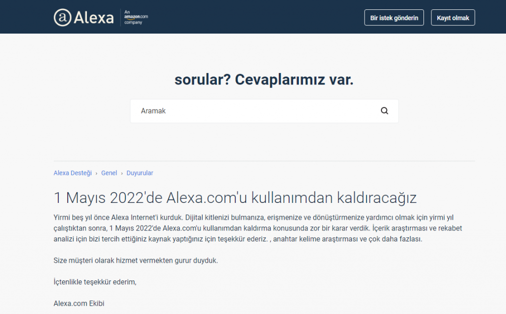 1 Mayıs 2022'de Alexa.com'u kullanımdan kaldıracağız