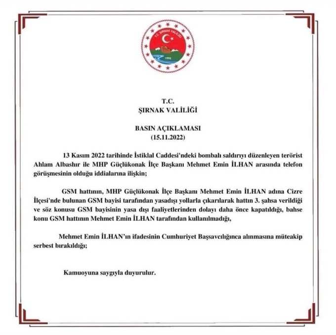 Şırnak Valiliği MHP ilçe başkanı için açıklama yaptı! 