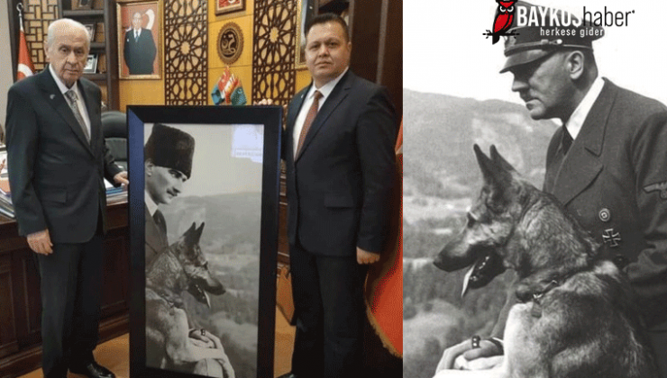 MHP Manisa İl Başkanı Cüneyt Tosuner, Devlet Bahçeli’ye Hitlerin fotoğrafına Atatürk’ün yüzünü montaj yaptırdığı tabloyu hediye etti